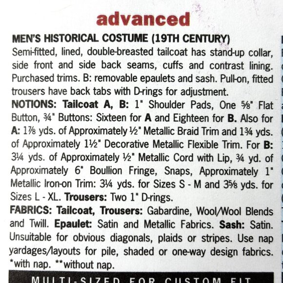 Butterick 3723 Mens 19th Century Military Officer Uniform Pattern Sz Sml Med NWT - Picture 7 of 9